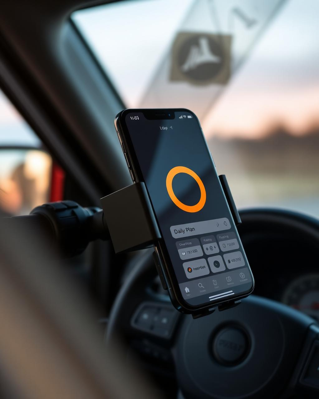 The Driver Strong app on a phone mounted in a truck cab, showing the daily plan