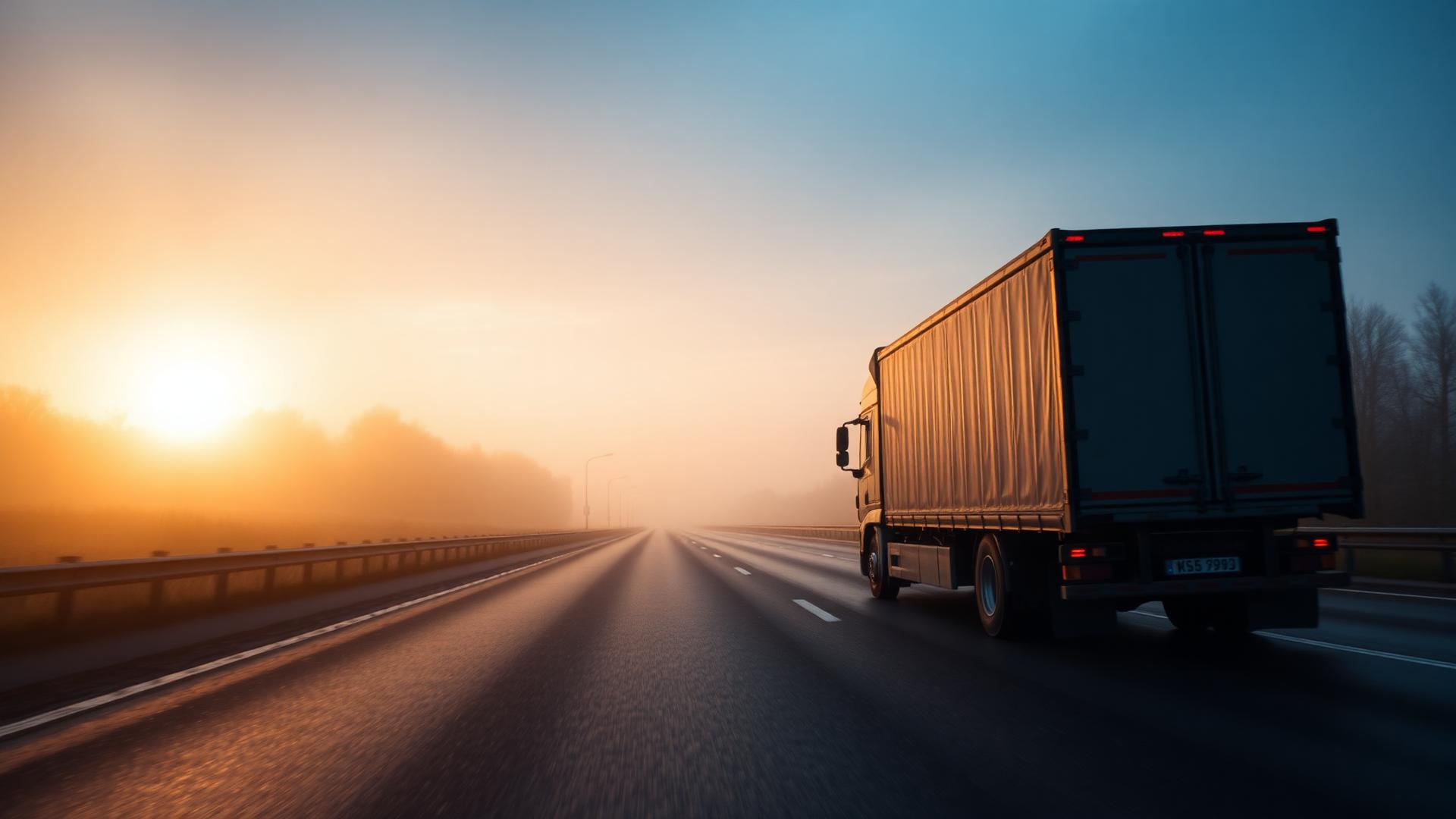 An HGV lorry driving into the dawn sun on a misty motorway